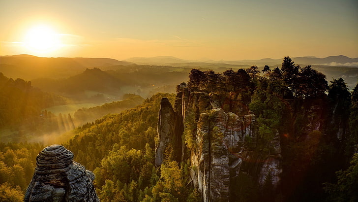valley, landscape, Saxon Switzerland, Sun, HD wallpaper