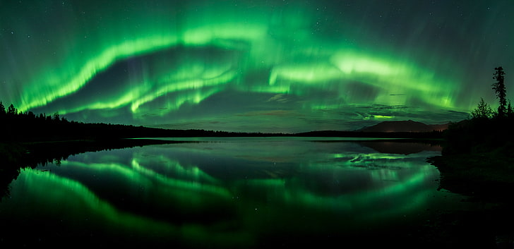Aurora Boreal, 8K, Beach Lake, Alaska, 4K, Northern Lights, Panorama, Fondo de pantalla HD