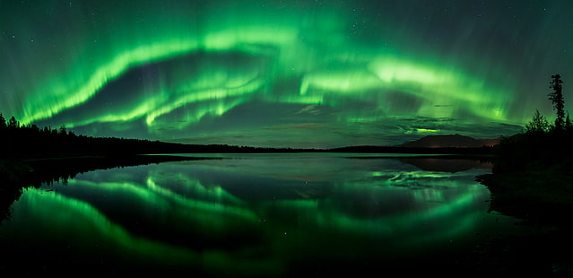 Beach Lake, Aurora Borealis, Northern Lights, Panorama, Alaska, 4K, 8K, HD wallpaper HD wallpaper