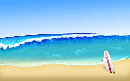 prancha de surf branca perto da praia ilustração praia prancha de surf ondas ondas verão mar arte, HD papel de parede HD wallpaper