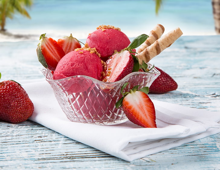 strawberry, sea, summer, strawberry, ice cream, HD wallpaper