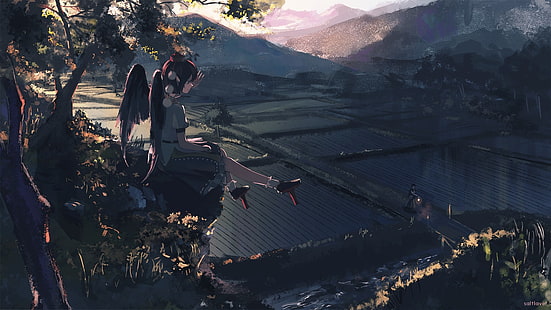 anime, anime girls, rice paddy, wings, Touhou, Shameimaru Aya, HD wallpaper HD wallpaper