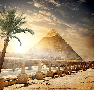 Pyramid, Egypt, road, the sky, the sun, clouds, Palma, stones, the fence, pyramid, Egypt, Cairo, HD wallpaper HD wallpaper