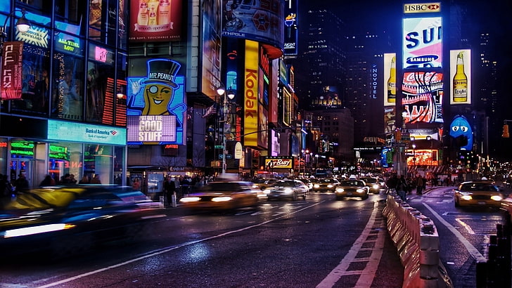 Нью-Йорк Таймс-сквер, нью-йорк, оживленность, движение, улица, ночь, HD обои