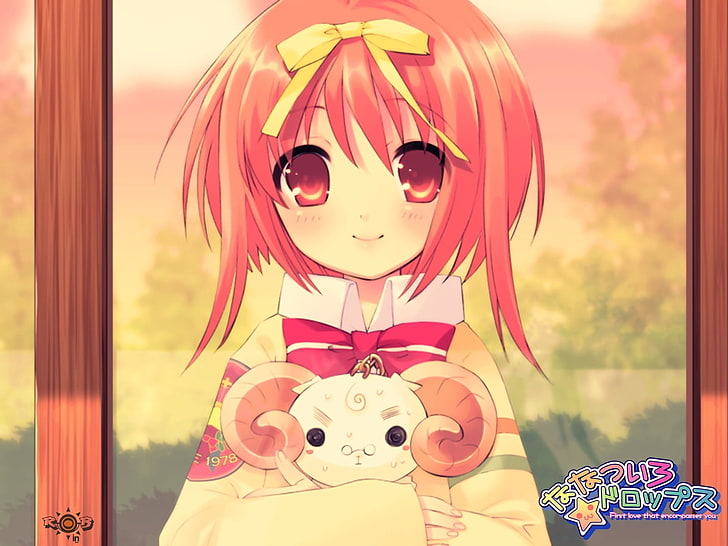 anime character girl holding sheep wallpaper, rainbow drops, akihime sumomo, girl, smile, big eyes, toy, HD wallpaper