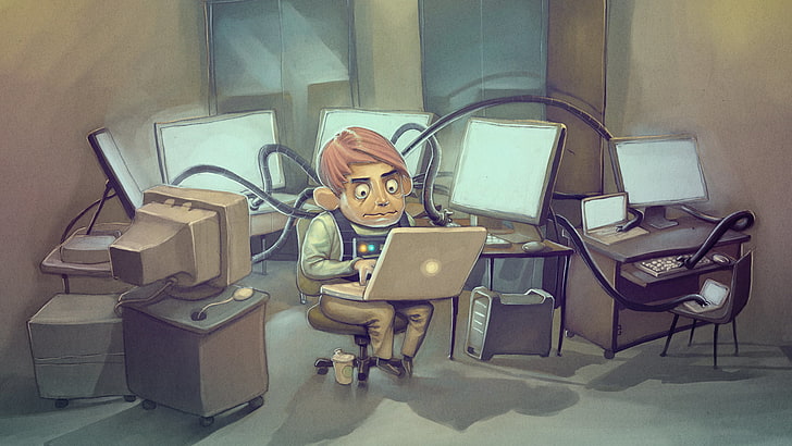 Illustration des braunhaarigen Mannes, Computer, Laptop, Programmierer, HD-Hintergrundbild