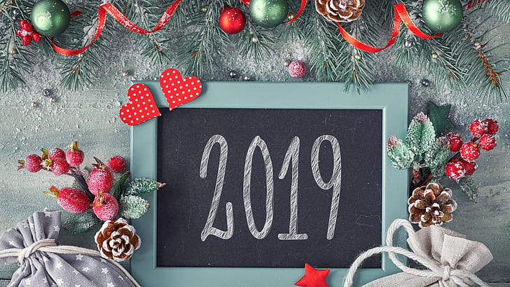 2019 (Año), Navidad, números, adornos navideños, Año Nuevo, Fondo de pantalla HD