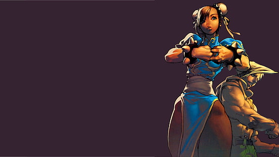 Chun-Li ، Guile ، Street Fighter ، تصوير ، خلفية أرجوانية، خلفية HD HD wallpaper