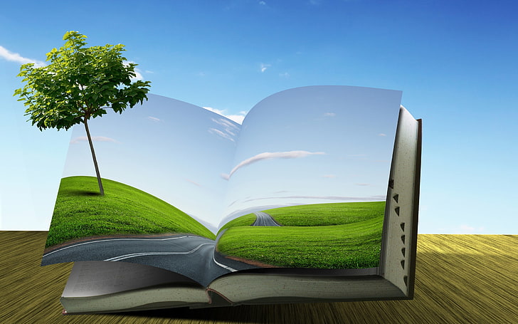 book, clouds, creative, field, fields, landscapes, manipulation, road, roads, sky, tree, HD wallpaper