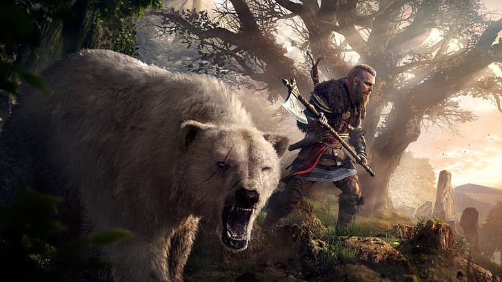 Assassin's Creed: Valhalla, viking, video game, seni video game, seni digital, Ax, beruang, Wallpaper HD