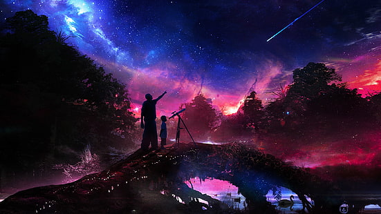 father and child painting, artwork, fantasy art, stars, swamp, forest, sky, HD wallpaper HD wallpaper