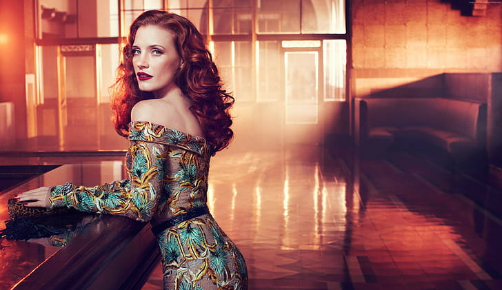dress, beauty, Jessica Chastain, interior, red lips, red hair, Vogue Italia, HD wallpaper