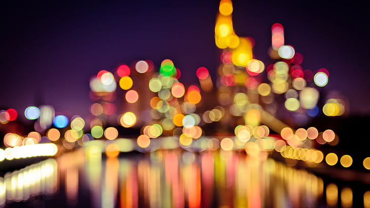 night, lights, bokeh, Frankfurt, Germany, cityscape, building, blurred, reflection, water, colorful, circle, HD wallpaper