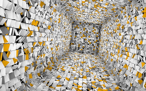 ilusão de ótica branca e amarela, 3D, obra de arte, render, arte digital, HD papel de parede HD wallpaper