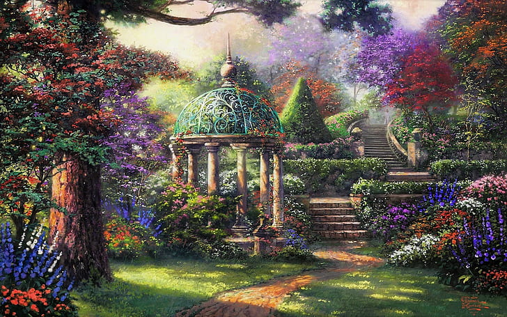 Artistic, Painting, Colorful, Garden, Gazebo, Tree, HD wallpaper