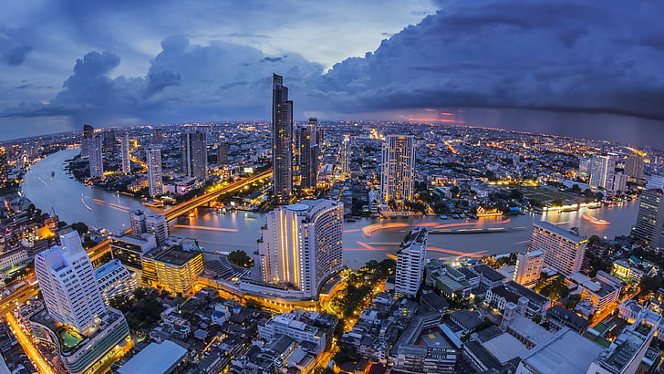 Bangkok, landscape, sky, clouds, architecture, town, Thai, perspective, river, city, Thailand, building, HD wallpaper