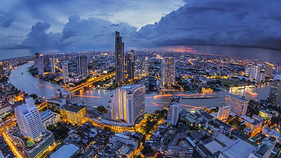 Бангкок, пейзаж, небо, облака, архитектура, город, тайский, перспектива, река, город, Таиланд, здание, HD обои HD wallpaper