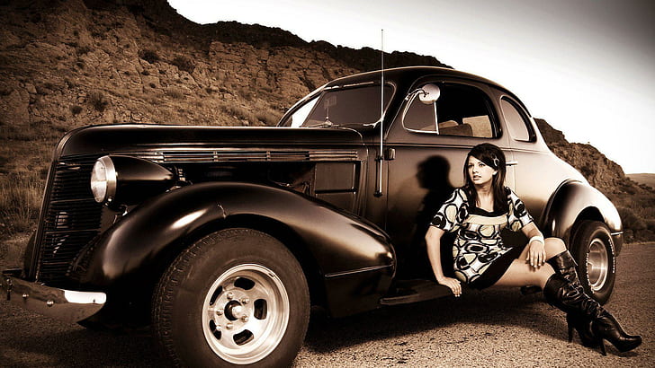 Girl and Hot Rod, black vintage coupe, cars, 1920x1080, woman, hot rod, HD wallpaper