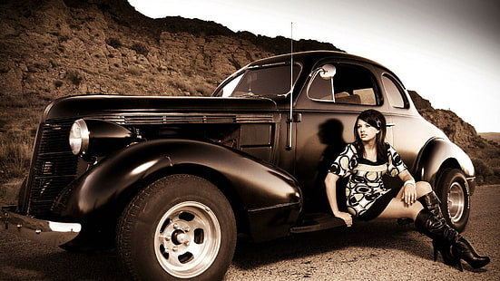 Girl and Hot Rod, black vintage coupe, cars, 1920x1080, woman, hot rod, HD wallpaper HD wallpaper