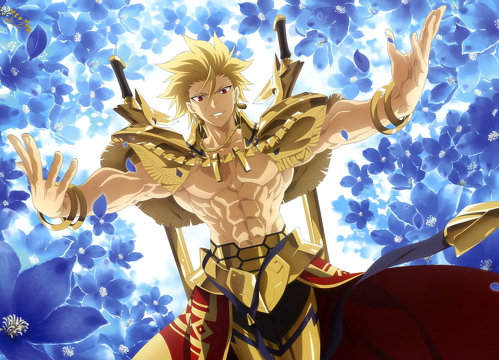male with two swords digital wallpaper, Fate/Prototype, Gilgamesh, red eyes, anime, short hair, blonde, anime boys, HD wallpaper