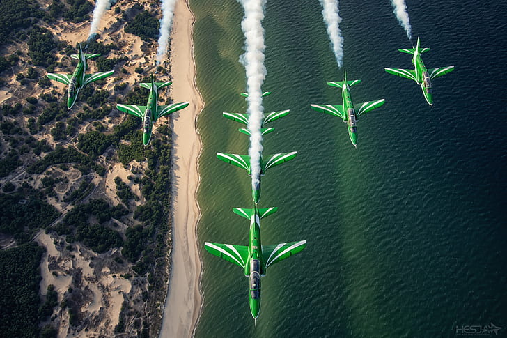 Mar, humo, tierra, equipo acrobático, Hawker Siddeley Hawk, Link, HESJA Air-Art Photography, Saudi Hawks, Fondo de pantalla HD