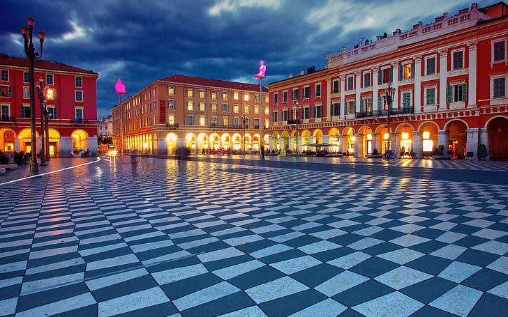 Place Massena, Nizza, Frankreich, Nacht, Gebäude, Lichter, rot-weißes Betongebäude, Massena, Frankreich, Nacht, Gebäude, Lichter, HD-Hintergrundbild