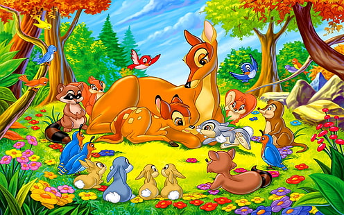 Карикатура Bambi Bambi’s Mother With Friends Foxes Fox Raccoon Squirrels Disney Cartoon Ultra Hd Wallpaper Hd 3840 × 2400, HD тапет HD wallpaper