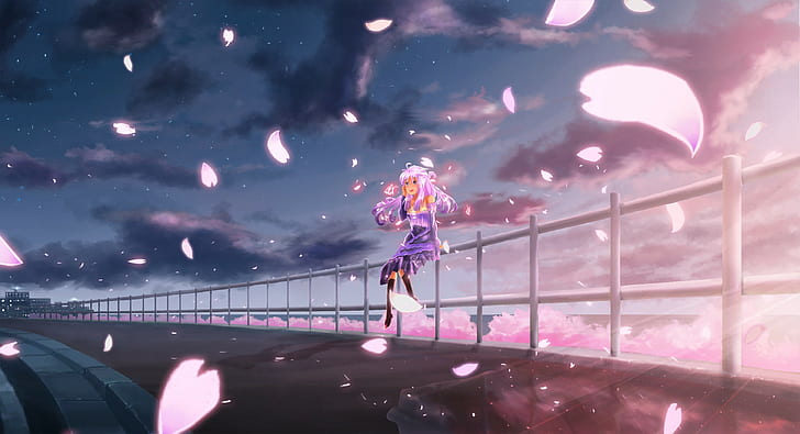 kiraz çiçeği, gökyüzü, bulutlar, anime kızlar, uzun saç, anime, HD masaüstü duvar kağıdı