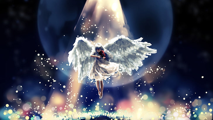 femmina dai capelli bianchi con illustrazione ali, ali d'angelo, Sfondo HD