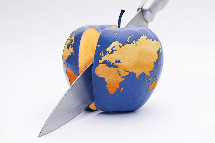 stainless steel kitchen knife slicing blue apple with map print, Divided, stainless steel, kitchen knife, apple, map, print, planet  earth, blue  space, globe, world, science, background, astronomy, universe, night  sky, global, sea, stratosphere, nature, atmosphere, ocean, sphere, light, geography, green, illustration, view, glow, beautiful, environment, clouds, cloud, high, continent, north  star, orbit, south, color, satellite, sunlight, sun, image, storm, horizon, water, stars, topography, galaxy, colour, surface, conflict, division, ego, anger, politics, beliefs, power, people, measurements, everything, whole, knife, cutting, difference, fruit, HD wallpaper