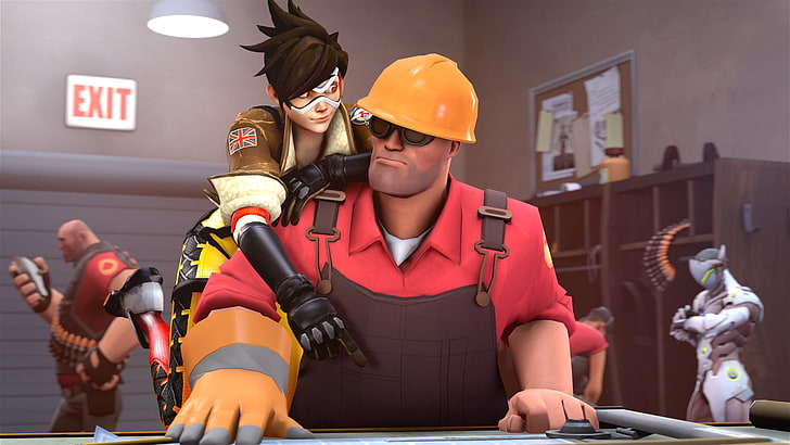 Video Game, Crossover, Engineer (Team Fortress), Genji (Overwatch), Heavy (Team Fortress), Scout (Team Fortress), Tracer (Overwatch), HD wallpaper