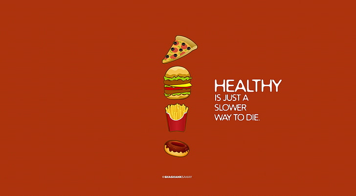 Healthy, pizza slice illustration with text overlay, Funny, Food, Junk, healthy, HD wallpaper