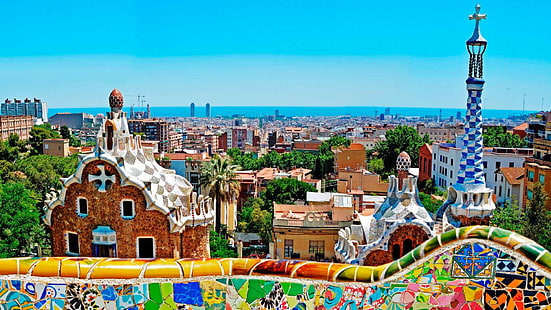 parque de diversões, atração turística, cidade, turismo, cidade, gaudi, barcelona, ​​catalunha, espanha, arquitetura, parque guell, HD papel de parede HD wallpaper