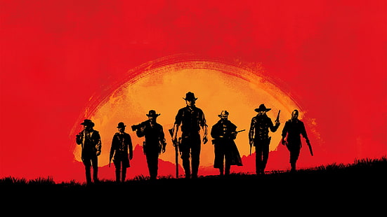 yellow, red, and black group of men digital wallpaper, Red Dead Redemption, red, gamers, Gamer, video games, Rockstar Games, sunset, western, sunrise, simple, Red Dead Redemption 2, HD wallpaper HD wallpaper