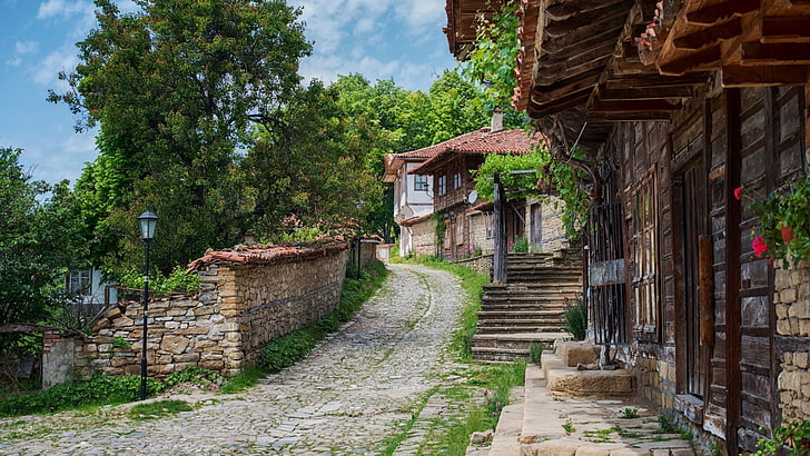 brown brick house, architecture, building, Bulgaria, village, house, path, stairs, trees, stones, clouds, rooftops, street light, HD wallpaper