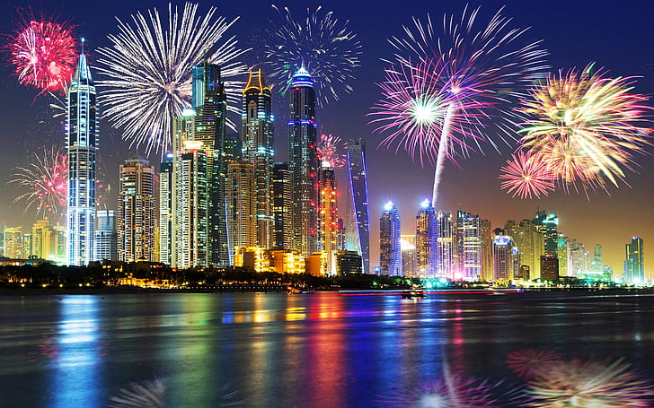 Dubaï ville la nuit vacances de Noël feux d'artifice dans le ciel gratte-ciel émirats arabes unis papier peint de bureau Hd pour votre ordinateur 4500 × 2813, Fond d'écran HD