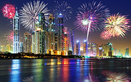 Dubai City på natten Julhelger Fyrverkerier i himlen Skyskrapor Förenade Arabemiraten Skrivbordsunderlägg Hd för din dator 4500 × 2813, HD tapet HD wallpaper