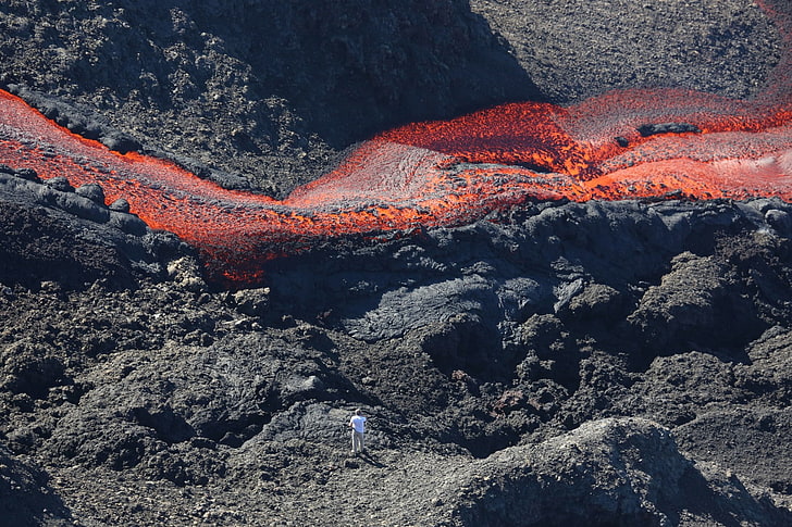 volcán, lava, erupción, naturaleza, hombres, paisaje, fotógrafo, piedras, Fondo de pantalla HD