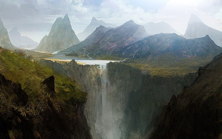 Andree Wallin, cachoeira, montanhas, paisagem, natureza, água, obras de arte, arte conceitual, HD papel de parede