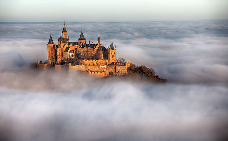 dom zamkowy, budynek, zamek, Niemcy, mgła, Burg Hohenzollern, Tapety HD