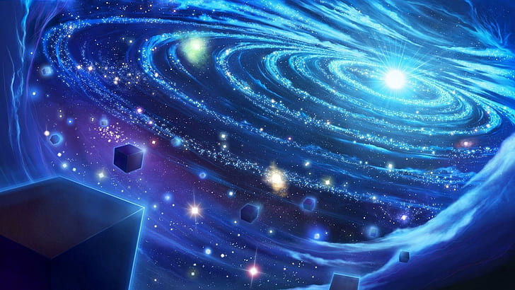 Ruang biru, galaksi ungu dan biru, seni digital, 1920x1080, cahaya, bintang, alam semesta, galaksi, Wallpaper HD