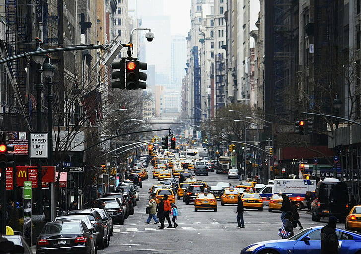 New York City traffic, New York, city, traffic, NYC, street, taxi, people, HD wallpaper