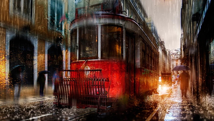 трамвай, дожди, дождь, дождливый, красный трамвай, россия, санкт-петербург, фотография, эффект, отражение, дождь, аллея, здание, мегаполис, окно, дождливый день, улица, вода, город, HD обои