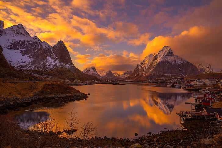 Photography, Lofoten, Glow, Landscape, Lofoten Islands, Mountain, Norway, Scandinavia, Sunset, Village, HD wallpaper