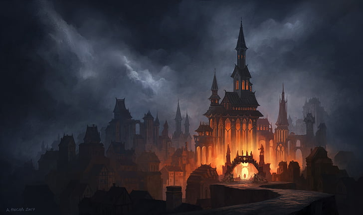Castles, Castle, Artistic, Cloud, Dark, Fantasy, Fire, Gothic, HD wallpaper