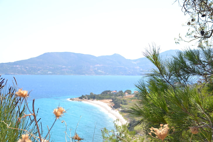 landscape, Samos, goats, Mediterranean, Greece, boat, yachts, rock, mountains, HD wallpaper