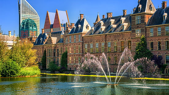 su, Hollandalı parlamentosu, işaret, şehir, saray, turistik, gökyüzü, çeşme, gündüz, bina, hollanda, avrupa, HD masaüstü duvar kağıdı HD wallpaper