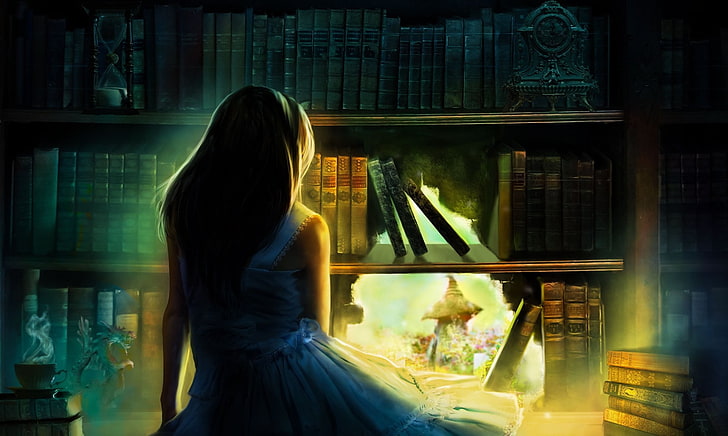فن الخيال ، فتاة الخيال ، كتب ، فنجان ، أليس في بلاد العجائب، خلفية HD