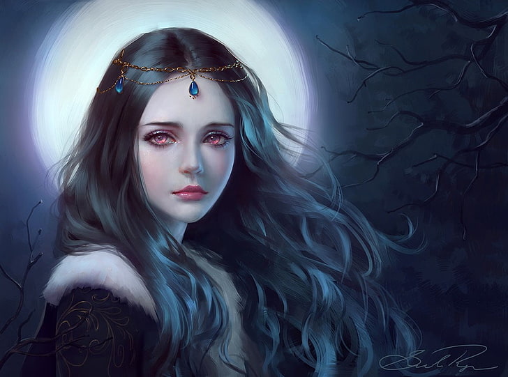 검은 머리 여성 게임 캐릭터 벽지, 여자들, 빨간 눈, 슬픈, 달빛, 뱀파이어, 삽화, HD 배경 화면