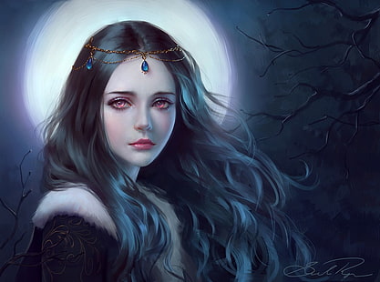 черноволосый женский игровой персонаж обои, женщины, красные глаза, грустный, лунный свет, вампиры, произведение искусства, HD обои HD wallpaper